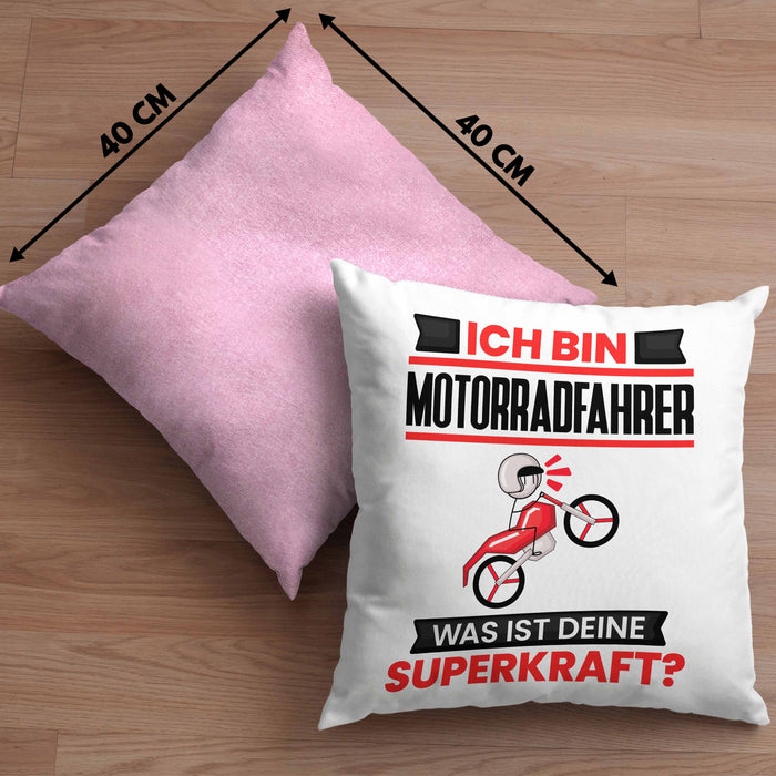 Motorradfahrer Kissen mit Füllung 40x40 Geschenk für Motorradfahrer Geburtstag Lustiger Spruch Was Ist Deine Superkraft (Grau) Rosa Trendation