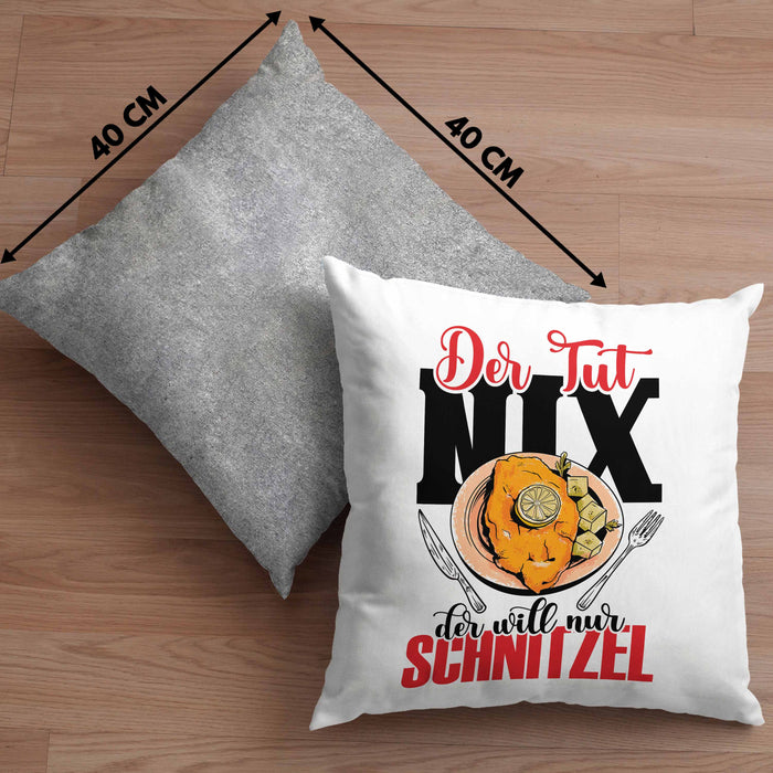 Schnitzel Kissen mit Füllung 40x40 "Der tut nix, der will nur Schnitzel" Geschenkidee für Schnitzelliebhaber (Grau) Grau Trendation