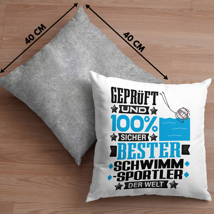Schwimmsportler Geschenk Lustiger Spruch für Schwimmsportler Geschenkidee Bester Schwimmsportler Der WeltKissen mit Füllung 40x40 (Grau) Grau Trendation