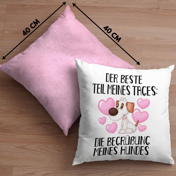 Hundebesitzer Kissen mit Füllung 40x40 Geschenk Bester Teil Des Tages Die Begrüßung Meines Hundes Geschenkidee Hunde Mama Frauchen Herrchen (Grau) Rosa Trendation
