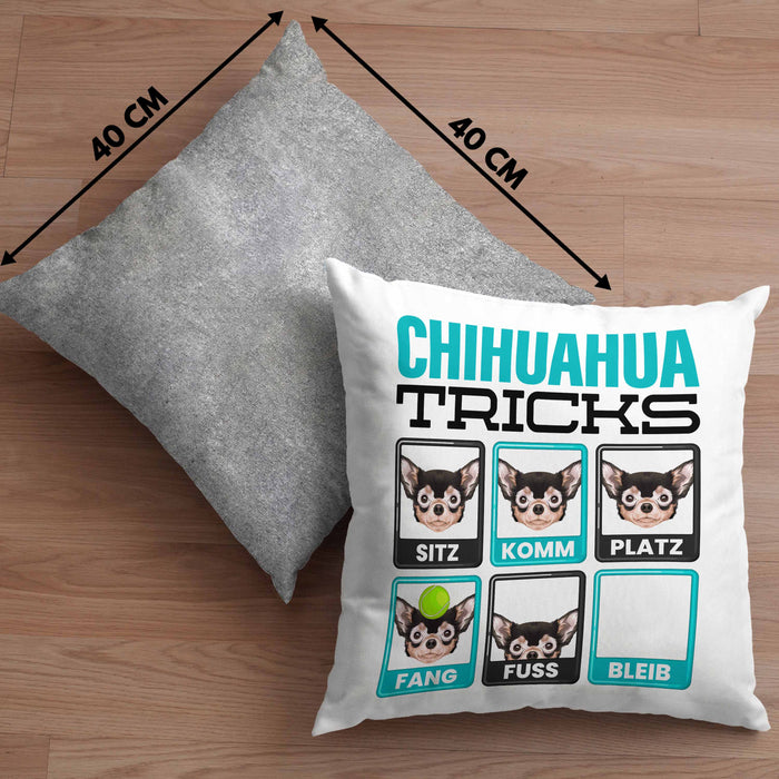 Chihuahua Besitzer Kissen mit Füllung 40x40 Geschenk Lustiger Spruch Geschenkidee Chihuahua Tricks Bleib (Grau) Grau Trendation
