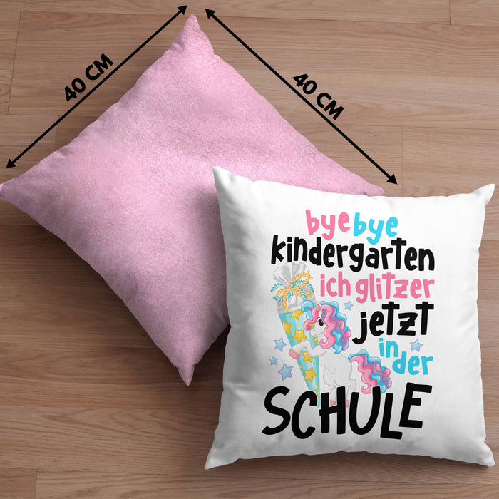 Bye Bye Kindergarten Einschulung Mädchen Geschenk Kissen mit Füllung 40x40 Schulstart 1. Schultag Schuleinführung Schulanfang Geschenkidee 2024 Schulkind Ich Glitzer Jetzt In Der Schule (Grau) Rosa Trendation