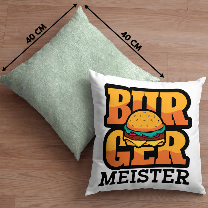Burger Meister Kissen mit Füllung 40x40 Geschenk Spruch Grillen Sommer Burger Liebhaber Geschenkidee Cheeseburger (Grau) Grün Trendation
