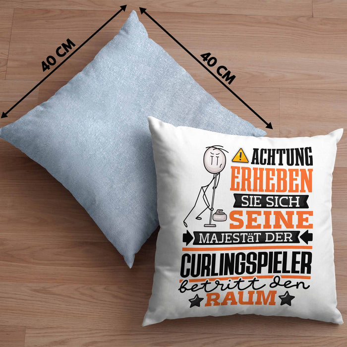 Curlingspieler Geschenk Kissen mit Füllung 40x40 Lustiger Spruch Erheben Sie Sich Der Curlingspieler Betritt den Raum (Grau) Blau Trendation