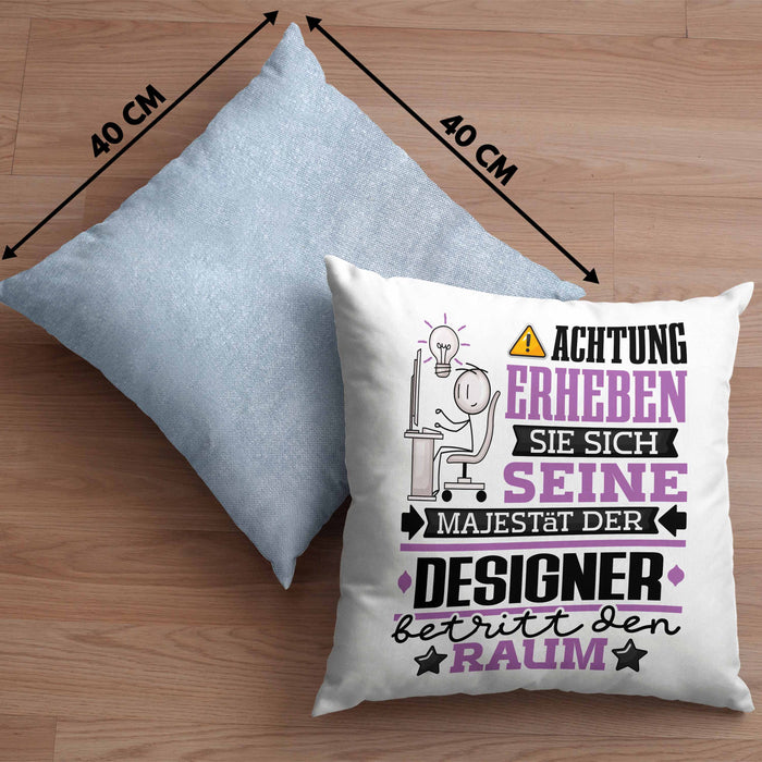 Designer Geschenk Kissen mit Füllung 40x40 Lustiger Spruch Erheben Sie Sich Der Designer Betritt den Raum (Grau) Blau Trendation
