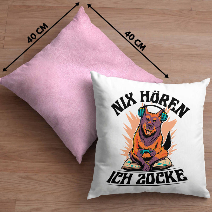 Zocker Geschenk Kissen mit Füllung 40x40 Nix Hören ich Zocke Jungs Jungen Geschenkidee zum Zocken (Grau) Rosa Trendation