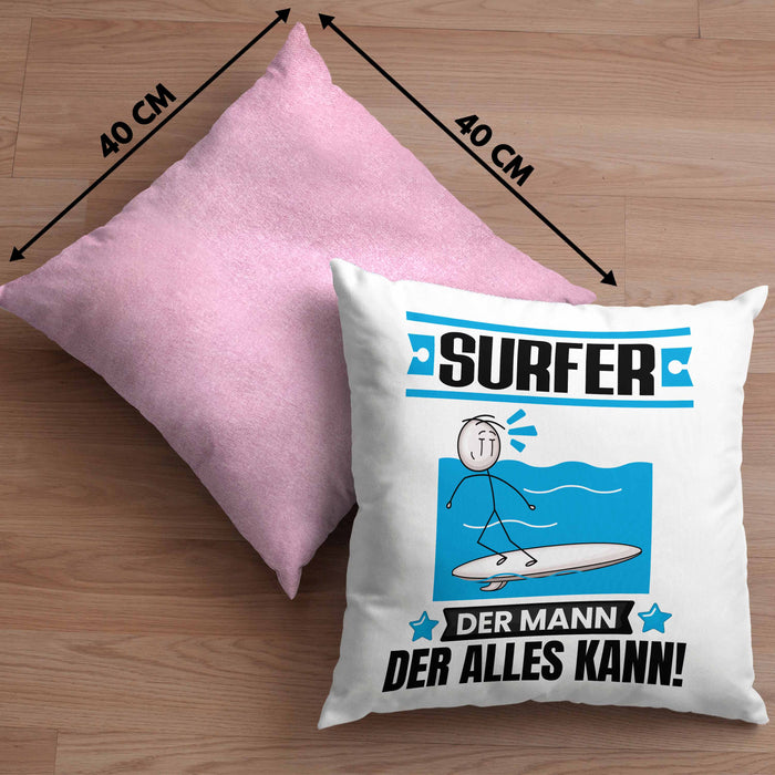 Surfer Kissen mit Füllung 40x40 Geschenk für Surfer Der Mann Der Alles Kann Geschenkidee zum Geburtstag (Grau) Rosa Trendation
