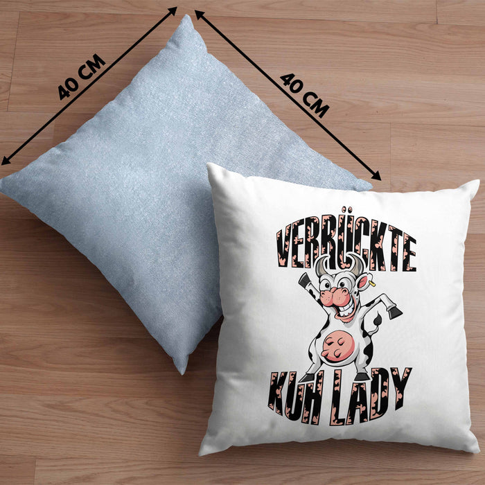 Lustige Kissen mit Füllung 40x40 Geschenk Frauen "Verrückte Kuhlady" Bauernhof Bäuerin (Grau) Blau Trendation