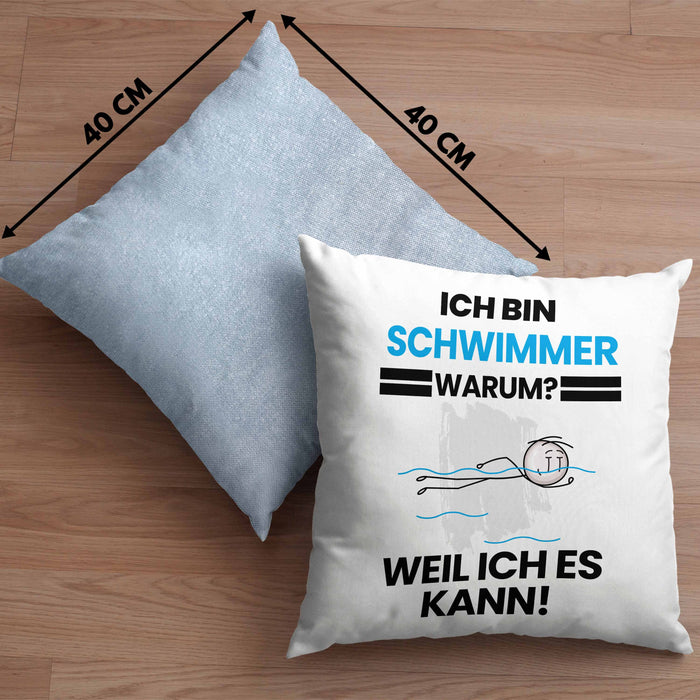 Schwimmer Geschenk Kissen mit Füllung 40x40 Lustiger Spruch Ich Bin Schwimmer Warum Weil Ich Es Kann Geschenkidee Bester Schwimmer Geburtstag (Grau) Blau Trendation