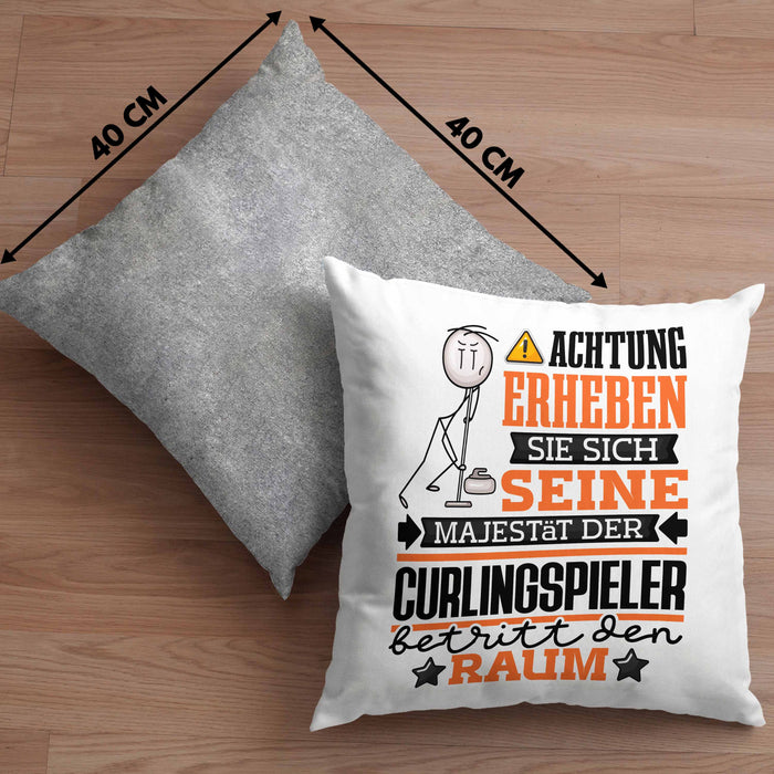 Curlingspieler Geschenk Kissen mit Füllung 40x40 Lustiger Spruch Erheben Sie Sich Der Curlingspieler Betritt den Raum (Grau) Grau Trendation