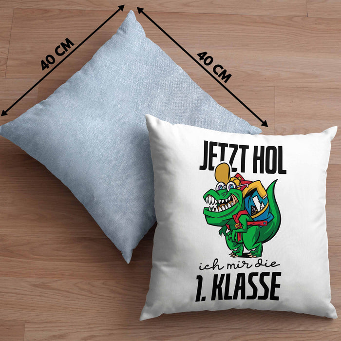 Kissen mit Füllung 40x40 Einschulung Dino T-rex Motiv Geschenk für Jungs in der 1. Klasse Schulstart (Grau) Blau Trendation