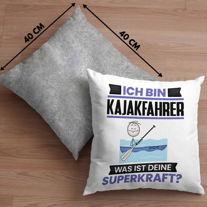 Kajakfahrer Kissen mit Füllung 40x40 Geschenk für Kajakfahrer Geburtstag Lustiger Spruch Was Ist Deine Superkraft (Grau) Grau Trendation
