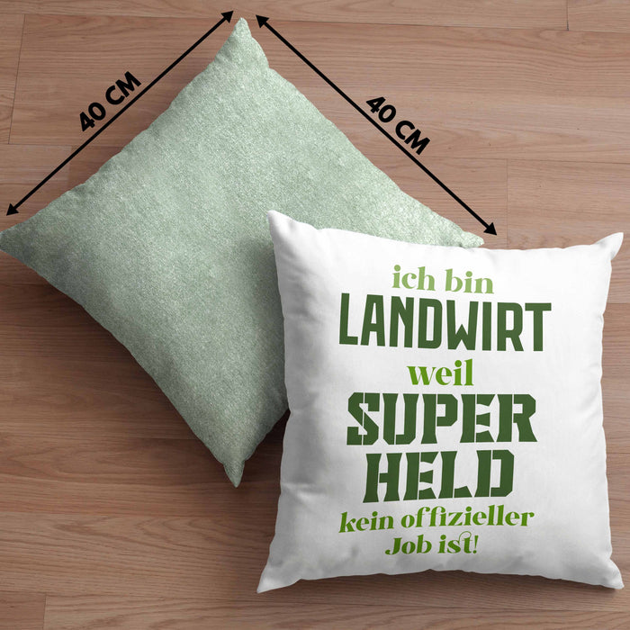 Landwirt Geschenk Kissen mit Füllung 40x40 Landwirtschaft Geschenke für Männer Traktor Spruch Superheld (Grau) Grün Trendation