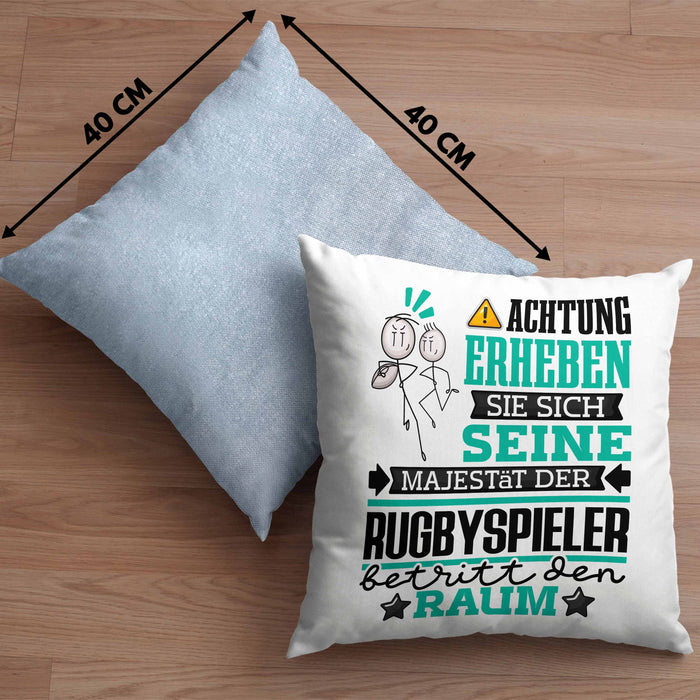 Rugbyspieler Geschenk Kissen mit Füllung 40x40 Lustiger Spruch Erheben Sie Sich Der Rugbyspieler Betritt den Raum (Grau) Blau Trendation