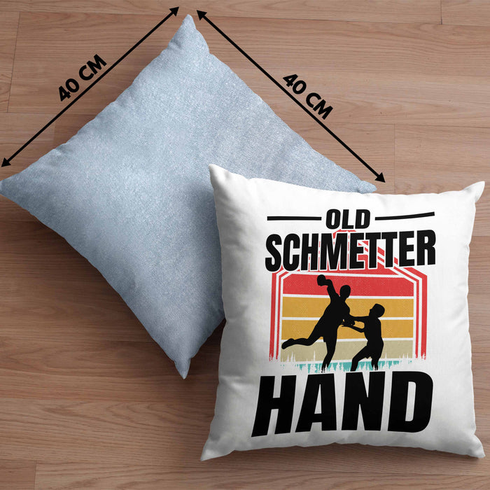 Handball Geschenk Kissen mit Füllung 40x40 Geschenkidee Handball-Spieler Handballspielerin Mädchen Jungs Old Schmetterhand (Grau) Blau Trendation