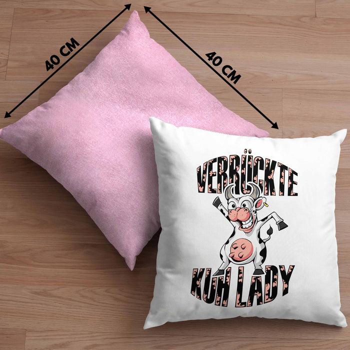 Lustige Kissen mit Füllung 40x40 Geschenk Frauen "Verrückte Kuhlady" Bauernhof Bäuerin (Grau) Rosa Trendation