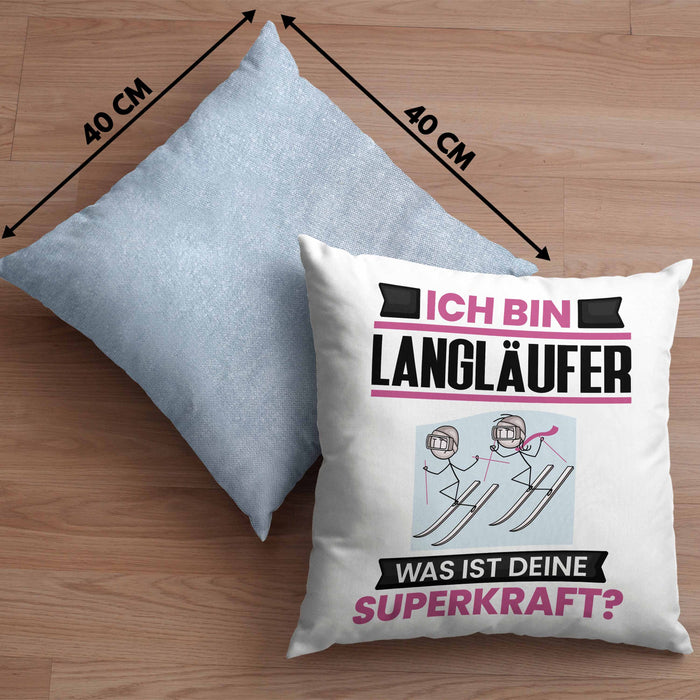 Langläufer Kissen mit Füllung 40x40 Geschenk für Langläufer Geburtstag Lustiger Spruch Was Ist Deine Superkraft (Grau) Blau Trendation