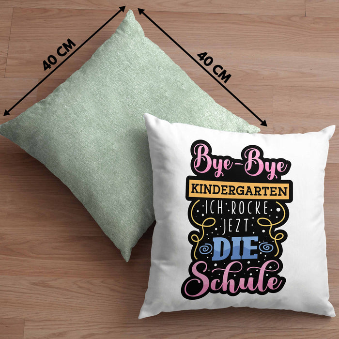 Einschulung Kissen mit Füllung 40x40 "Bye-Bye Kindergarten, Ich rocke jetzt die Schule" Geschenk für Schulanfänger (Grau) Grün Trendation