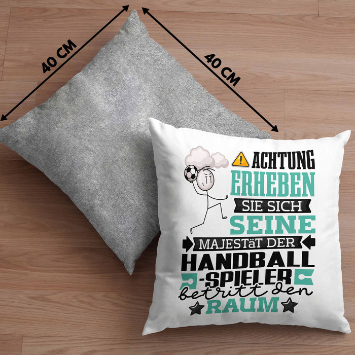 Handballspieler Geschenk Kissen mit Füllung 40x40 Lustiger Spruch Erheben Sie Sich Der Handballspieler Betritt den Raum (Grau) Grau Trendation