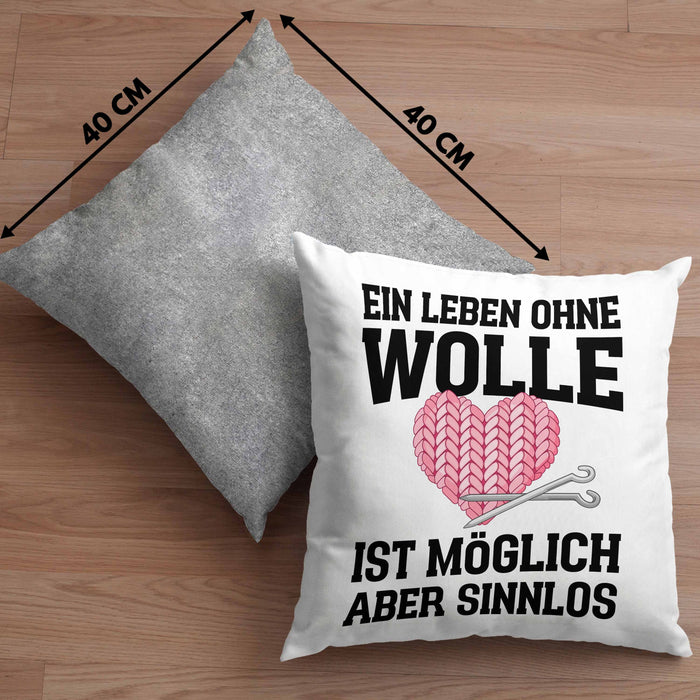 Häkeln Zubehör Kissen mit Füllung 40x40 Geschenk Stricken Geschenke Häkel Oma Mama Ein Leben Ohne Wolle (Grau) Grau Trendation