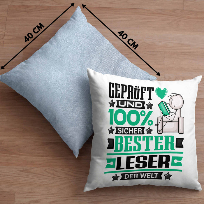 Leser Geschenk Lustiger Spruch für Leser Geschenkidee Bester Leser Der WeltKissen mit Füllung 40x40 (Grau) Blau Trendation