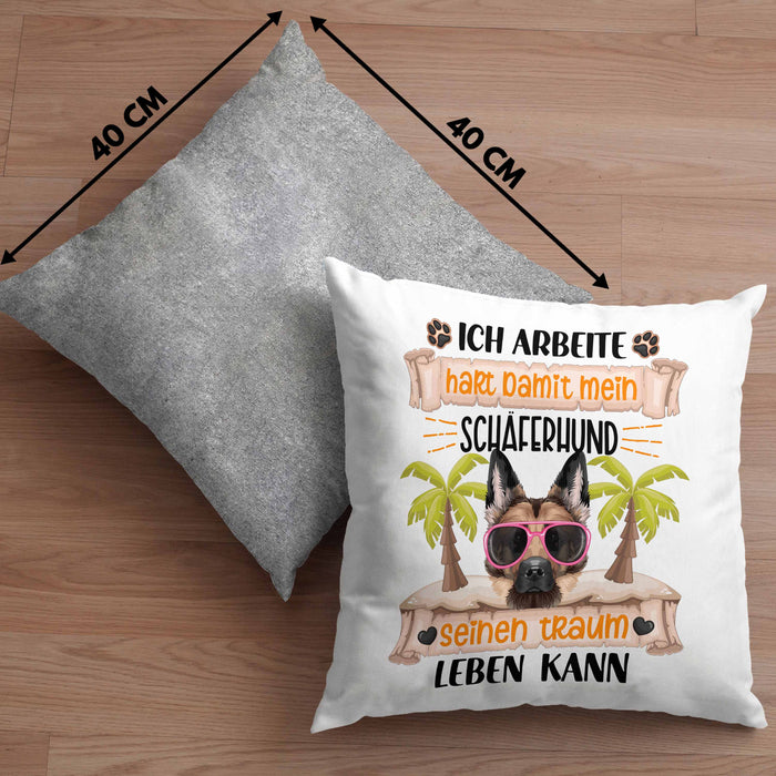 Schäferhund Besitzer Kissen mit Füllung 40x40 Geschenk Lustiger Spruch Geschenkidee Ich Arbeite Hart Damit Mein Schäferhund Seinen Traum Leben Kann (Grau) Grau Trendation