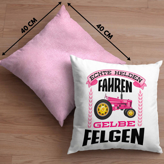 Landwirtin Spruch Frau Geschenk Kissen mit Füllung 40x40 Landwirtschaft Geschenke für Männer Traktor Spruch Echte Felgen (Grau) Rosa Trendation