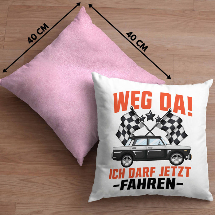 Führerschein Bestanden Geschenk Kissen mit Füllung 40x40 Bestandener Führerschein Weg Da Ich Darf Jetzt Fahren Fahrschule (Grau) Rosa Trendation