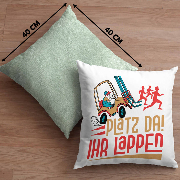 Gabelstapler Kissen mit Füllung 40x40 Geschenk Gabelstaplerfahrer Lagerist Geschenkidee Männer Platz Ihr Lappen Hupwagen Lager Geschenkidee (Grau) Grün Trendation