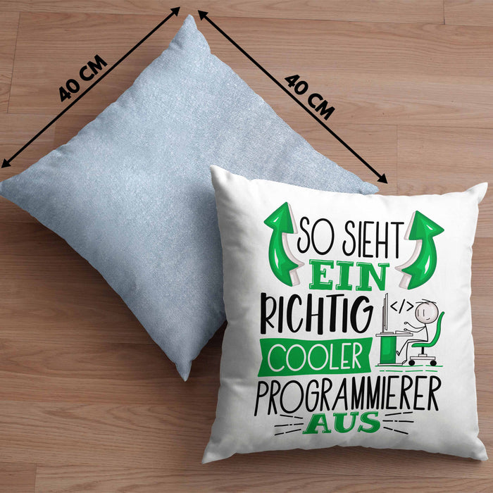 Programmierer Kissen mit Füllung 40x40 Geschenk So Sieht Ein RIchtig Cooler Programmierer Aus Geschenkidee Lustiger Spruch Geburtstag (Grau) Blau Trendation