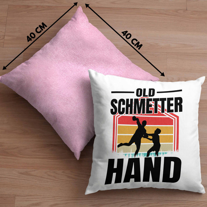 Handball Geschenk Kissen mit Füllung 40x40 Geschenkidee Handball-Spieler Handballspielerin Mädchen Jungs Old Schmetterhand (Grau) Rosa Trendation
