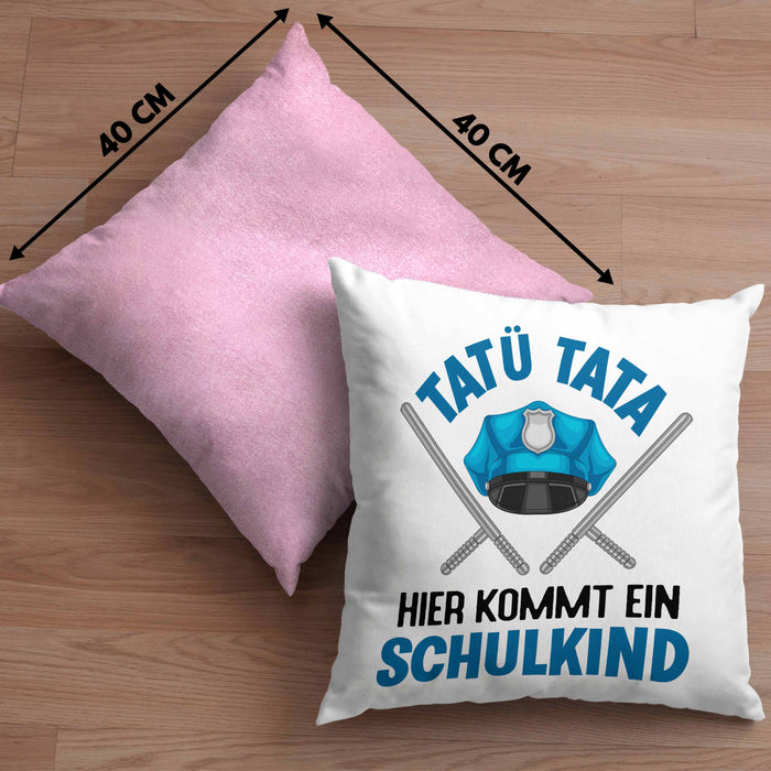 Einschulung Junge Tatü Tata Schulkind Geschenk für Schultüte Füllung Kissen mit Füllung 40x40 Schulstart 1. Schultag Schuleinführung Schulanfang Geschenkidee 2024 (Grau) Rosa Trendation