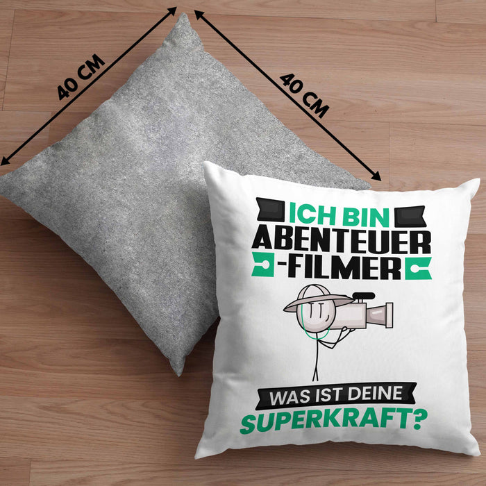 Abenteuerfilmer Kissen mit Füllung 40x40 Geschenk für Abenteuerfilmer Geburtstag Lustiger Spruch Was Ist Deine Superkraft (Grau) Grau Trendation