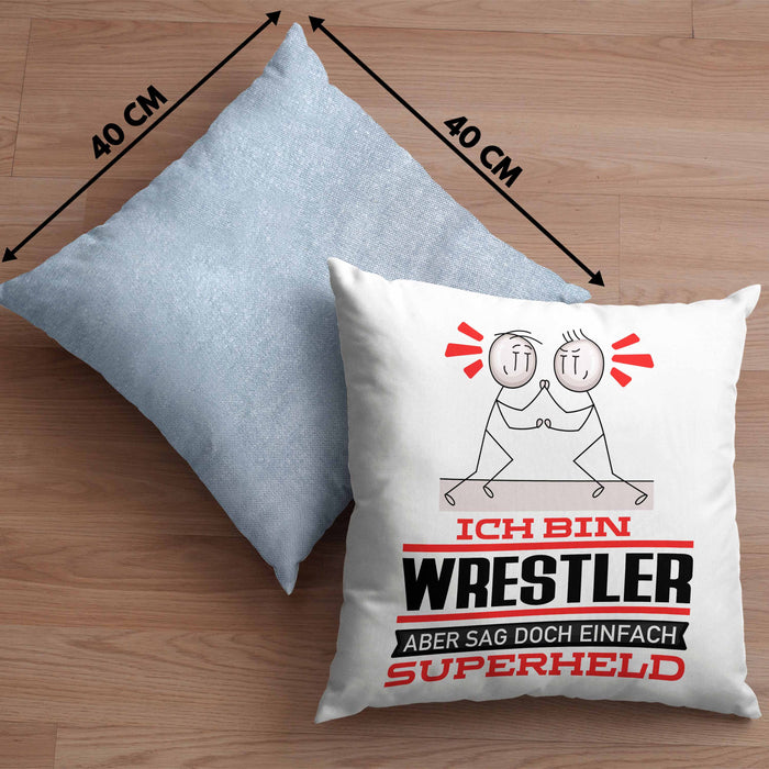 Wrestler Geschenk Kissen mit Füllung 40x40 Ich Bin Wrestler Aber Sag Doch Einfach Superheld Lustige Geschenkdiee für Wrestler (Grau) Blau Trendation