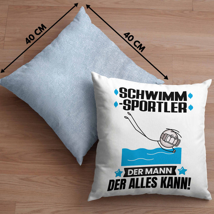 Schwimmsportler Kissen mit Füllung 40x40 Geschenk für Schwimmsportler Der Mann Der Alles Kann Geschenkidee zum Geburtstag (Grau) Blau Trendation