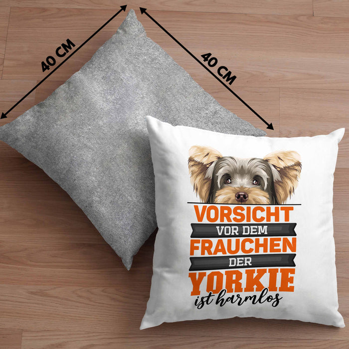 Yorkie-Besitzer Geschenk Kissen mit Füllung 40x40 Hund Yorkie Liebhaber Geschenkidee Vorsicht Vor Dem Frauchen Der Yorkie Ist Harmlos (Grau) Grau Trendation