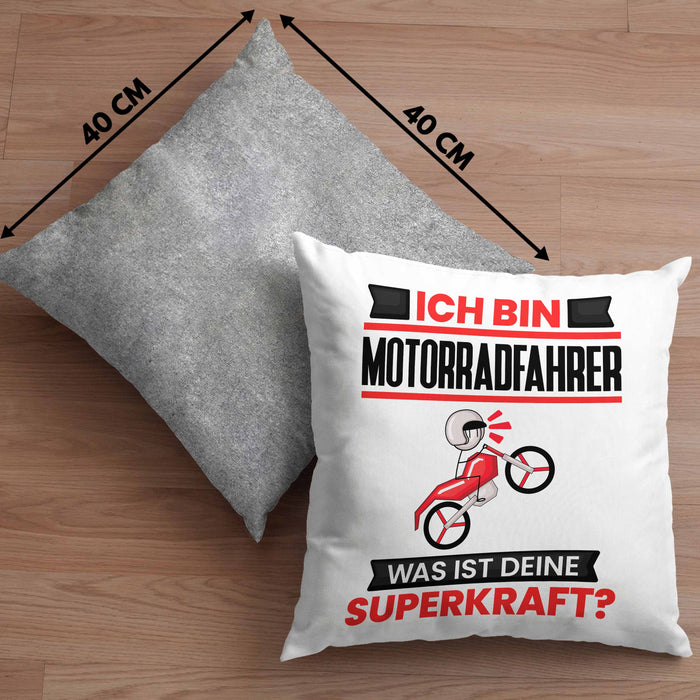 Motorradfahrer Kissen mit Füllung 40x40 Geschenk für Motorradfahrer Geburtstag Lustiger Spruch Was Ist Deine Superkraft (Grau) Grau Trendation