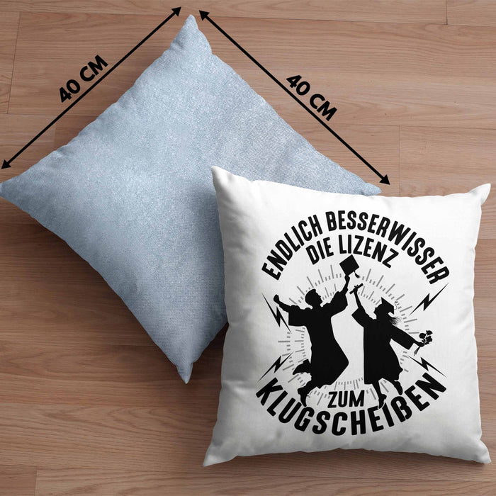 Bachelor Kissen mit Füllung 40x40 Master Studium Endlich Besserwisser Geschenk (Grau) Blau Trendation