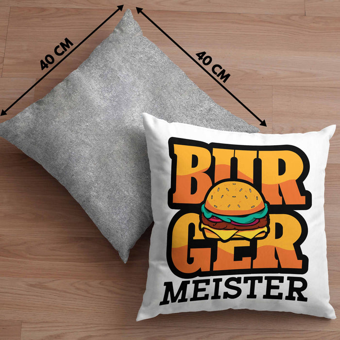 Burger Meister Kissen mit Füllung 40x40 Geschenk Spruch Grillen Sommer Burger Liebhaber Geschenkidee Cheeseburger (Grau) Grau Trendation