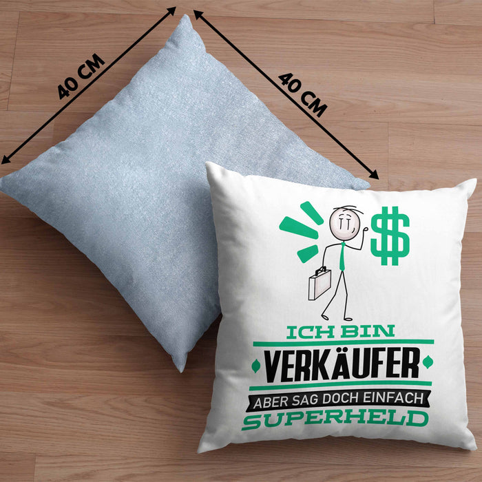 Verkäufer Geschenk Kissen mit Füllung 40x40 Ich Bin Verkäufer Aber Sag Doch Einfach Superheld Lustige Geschenkdiee für Verkäufer (Grau) Blau Trendation