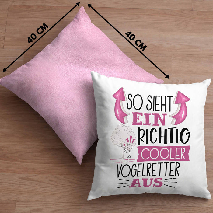 So Sieht Ein Richtig Cooler Vogelretter Aus Kissen mit Füllung 40x40 Geschenk für Vogelretter Geschenkidee Spruch (Grau) Rosa Trendation