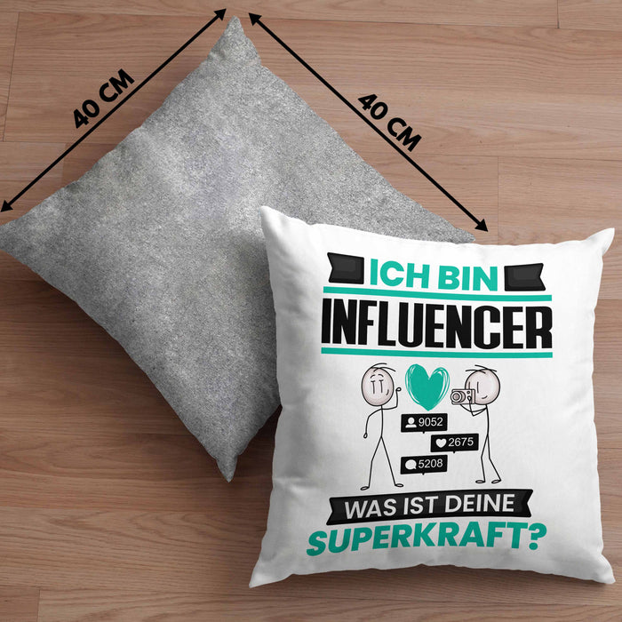 Influencer Kissen mit Füllung 40x40 Geschenk für Influencer Geburtstag Lustiger Spruch Was Ist Deine Superkraft (Grau) Grau Trendation