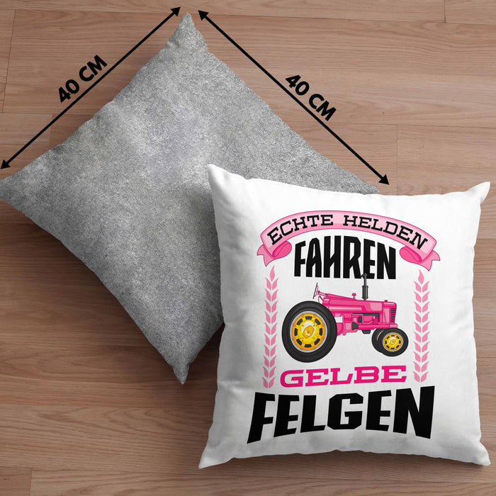 Landwirtin Spruch Frau Geschenk Kissen mit Füllung 40x40 Landwirtschaft Geschenke für Männer Traktor Spruch Echte Felgen (Grau) Grau Trendation