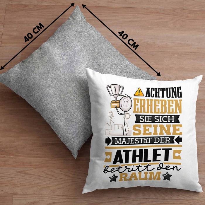 Athlet Geschenk Kissen mit Füllung 40x40 Lustiger Spruch Erheben Sie Sich Der Athlet Betritt den Raum (Grau) Grau Trendation