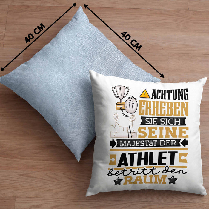 Athlet Geschenk Kissen mit Füllung 40x40 Lustiger Spruch Erheben Sie Sich Der Athlet Betritt den Raum (Grau) Blau Trendation