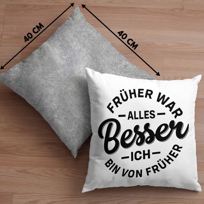 Lustiger Spruch Geschenk Kissen mit Füllung 40x40 Früher War Alles Besser Ich Bin Von Früher Geschenkidee Männer Kollegen (Grau) Grau Trendation