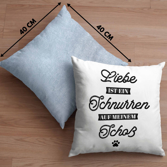 Katze Kissen mit Füllung 40x40 Geschenk Spruch Geschenkidee für Katzen-Mama Papa Katzenliebhaber Liebe Ist Ein Schnurren Auf Meinem Schoß (Grau) Blau Trendation