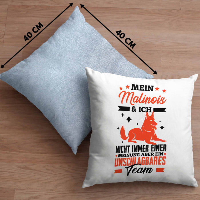 Malinois Kissen mit Füllung 40x40 Geschenk Hundebesitzer Unschlagbares Team (Grau) Blau Trendation