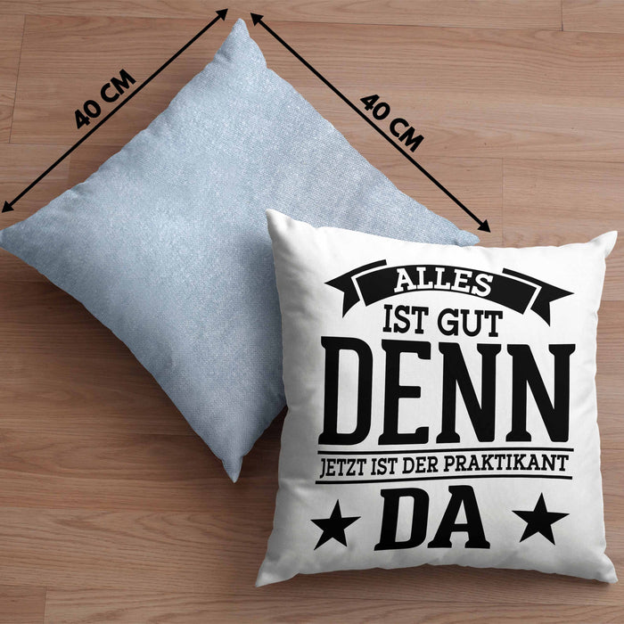 Praktikant Kissen mit Füllung 40x40 Geschenk Lustiger Spruch Alles Gut Denn Jetzt Ist Der Praktikant Da (Grau) Blau Trendation