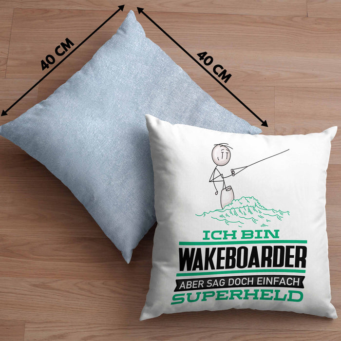 Wakeboarder Geschenk Kissen mit Füllung 40x40 Ich Bin Wakeboarder Aber Sag Doch Einfach Superheld Lustige Geschenkdiee für Wakeboarder (Grau) Blau Trendation